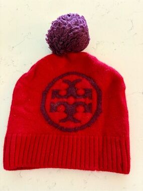 Tory Burch Red Knit Beanie with Purple Pom